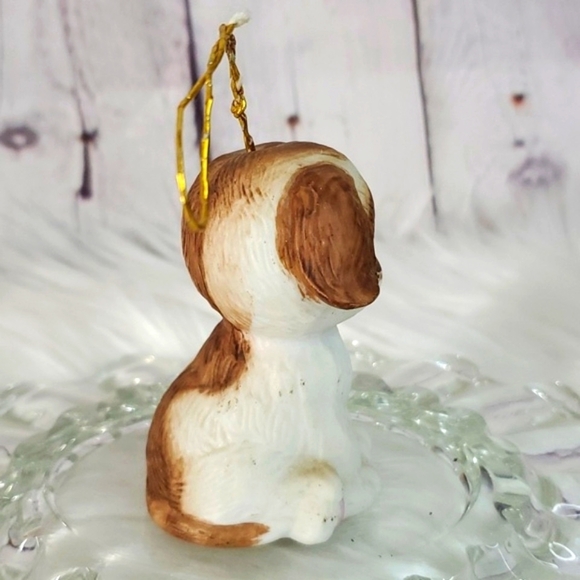Vintage Ceramic Puppy Dog Pup Christmas Kitschy Holiday Ornament Bell Brown Wht - Picture 6 of 13